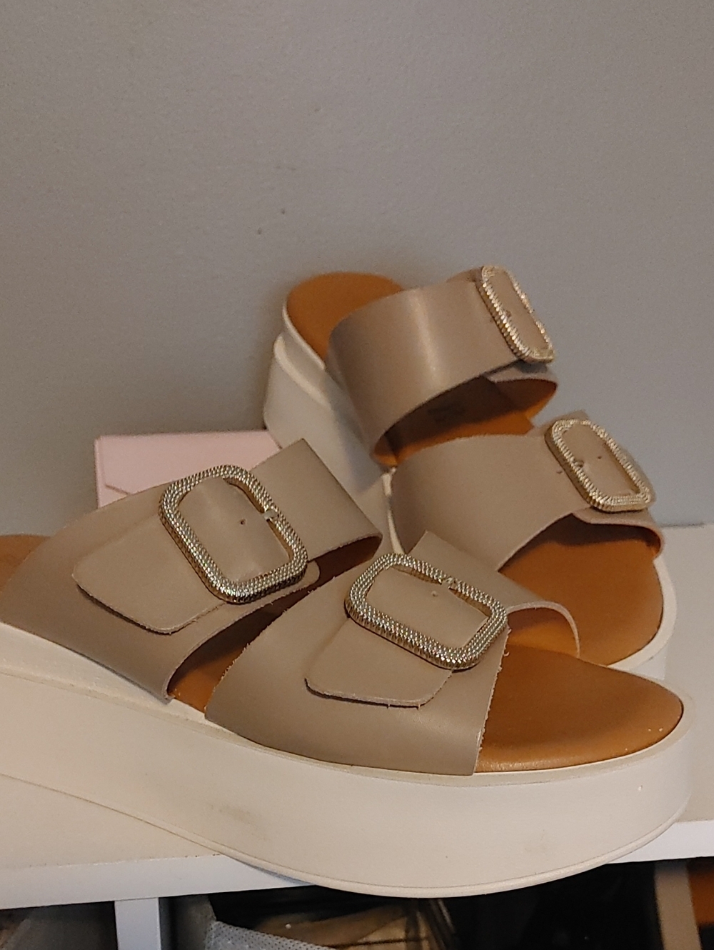 Women's Taupe Platform Slide Sandals with Decorative Buckles